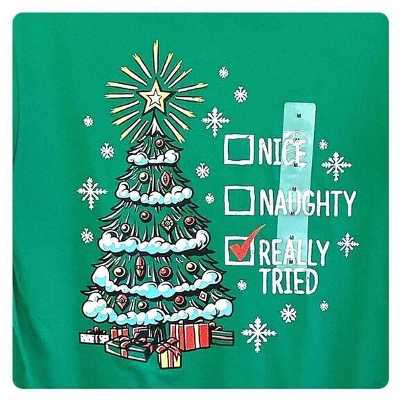 Nice Naughty Really Tried Christmas Crew Neck Tee Unisex Medium Green Short Slv - Picture 3 of 3